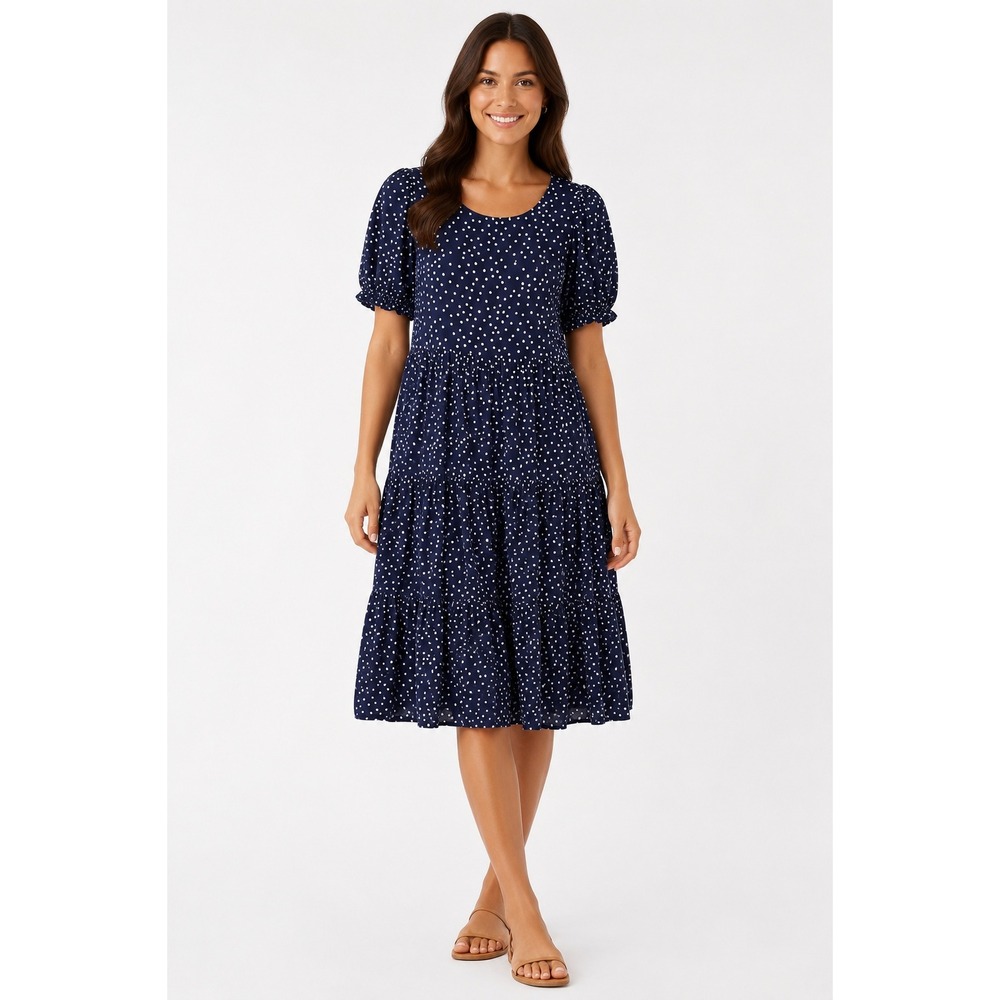 Petal + Pup Navy Blue Polka Dot Tiered Midi Dress Puff Sleeve Scoop Neck US 6